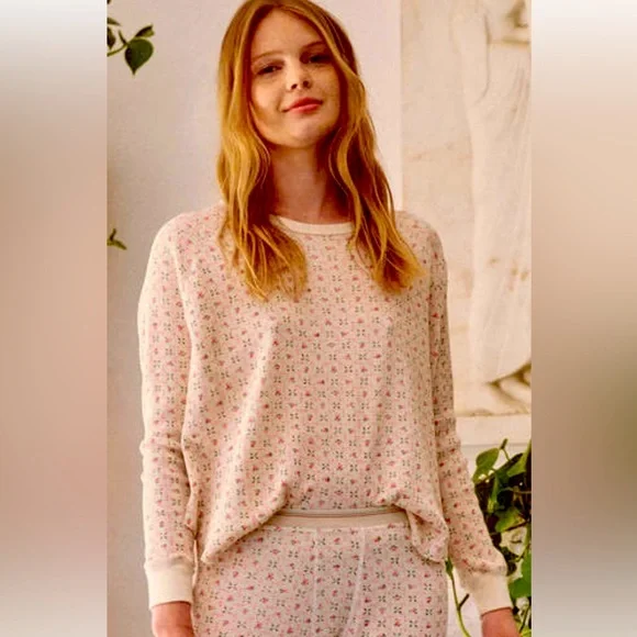 THE GREAT. Floral Long Sleeve Tee - Cream and Pink - Picture 1 of 6